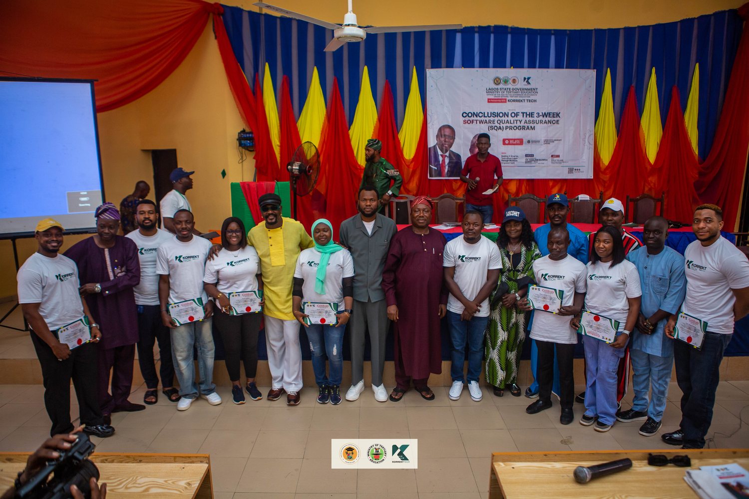 Wide group photo at the conclusion of the Korrekt Tech SQA programme, LASUED